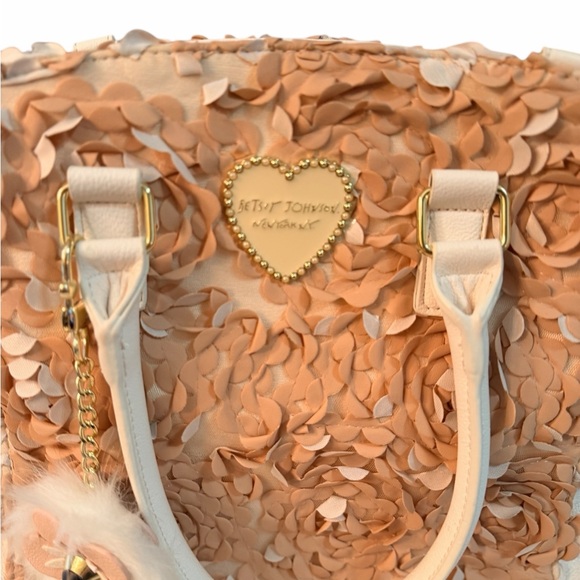 Betsey Johnson Pink and Cream Floral Tote Purse Crossbody & Fuzzy Keychain - Picture 4 of 14